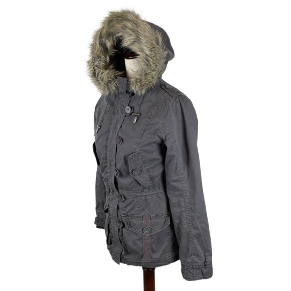 Aeropostale Y2K Utility Jacket Womens S Faux Fur Lined Hood Military Bomber Gray - Picture 3 of 13